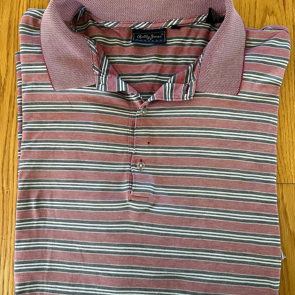 Bobby Jones Men's Polo Shirt Red White Gray Stripes XL golf cotton * see flaws